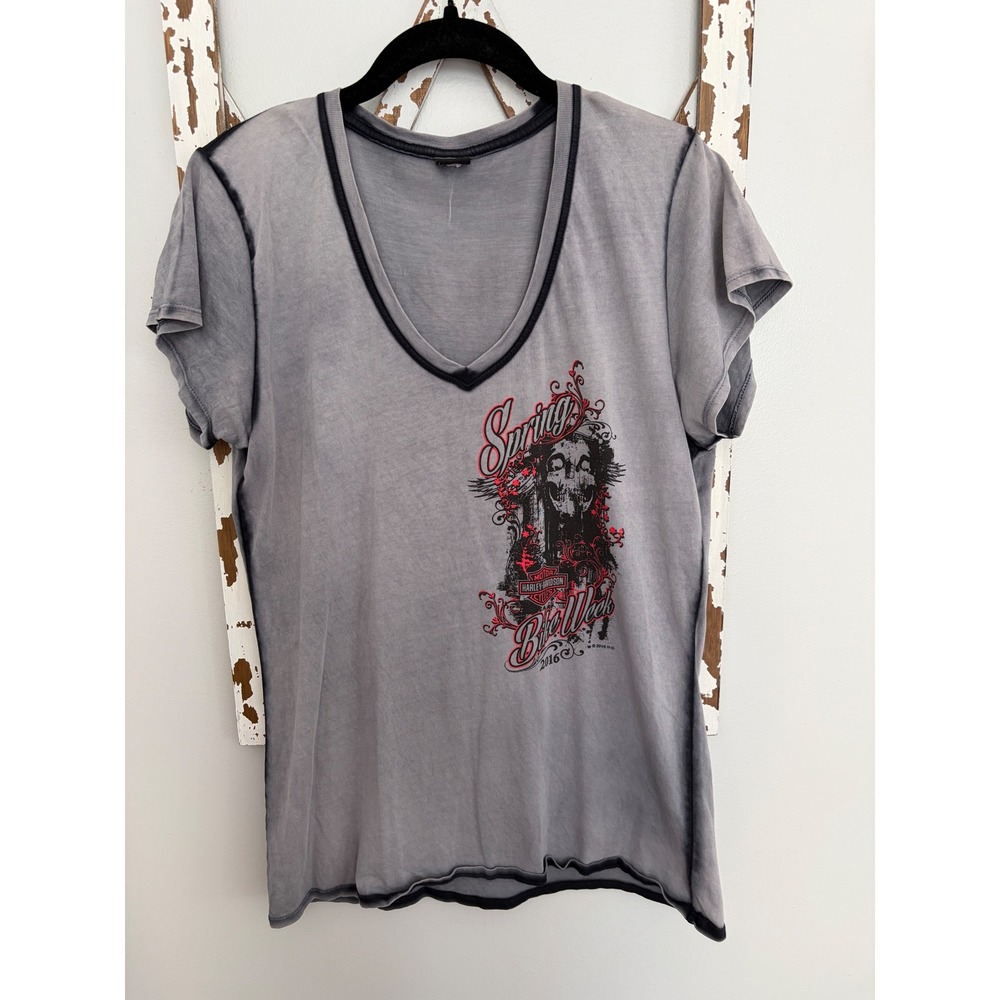 Harley-Davidson Gray Short Sleeve V-Neck Tee with Red Graphic